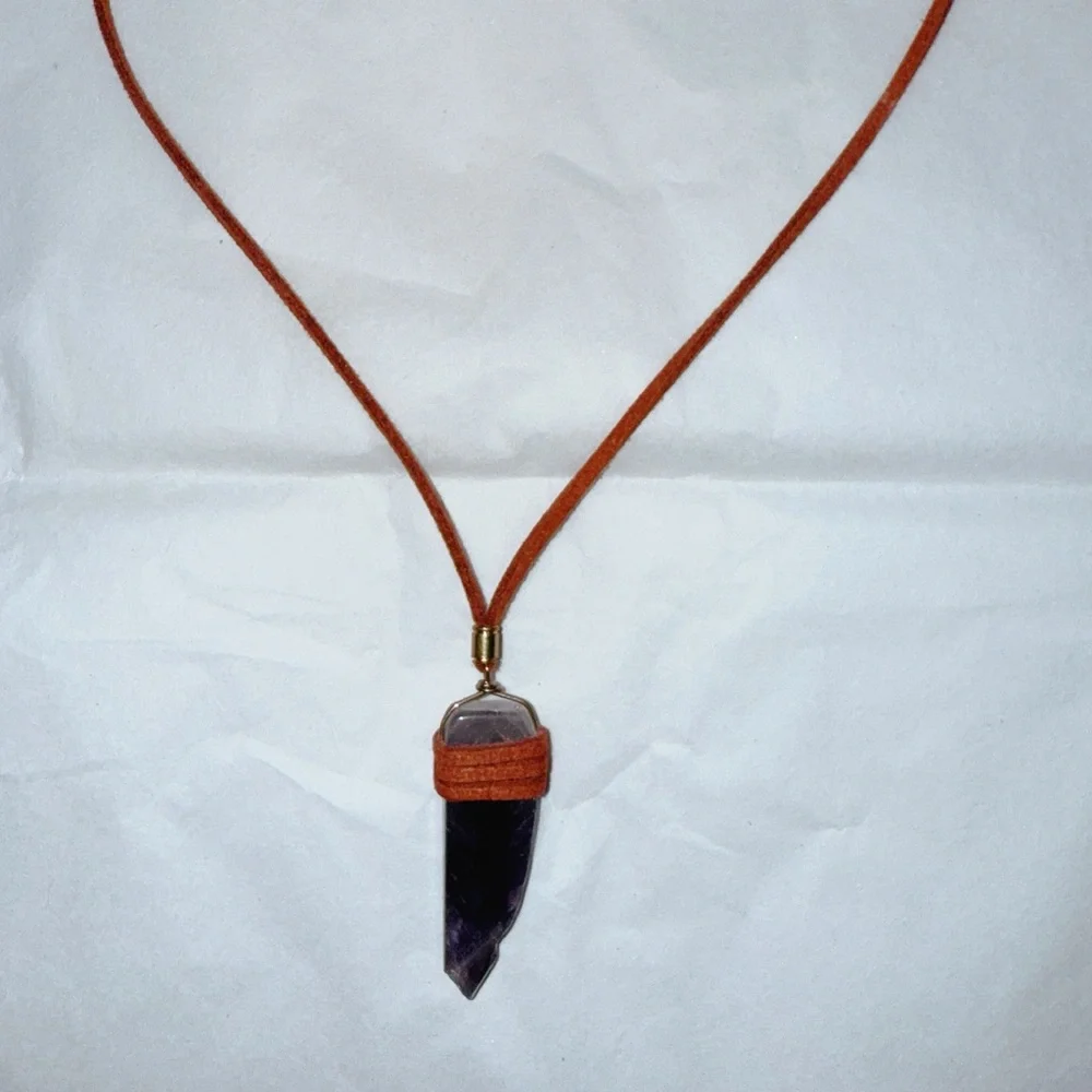 Crystal Pendant Necklace with‎ Brown Cord